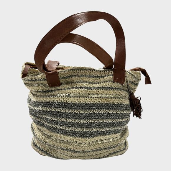 THE SAK BAG Large Zipper Crocheted Leather Trim Cream Gray - Picture 13 of 16